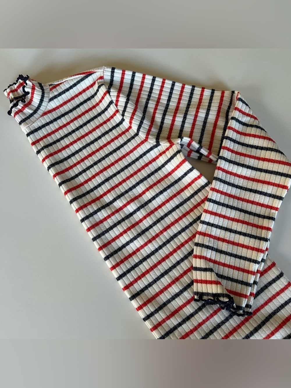 J. Crew Ribbed Ruffle Edge Striped Mock Neck